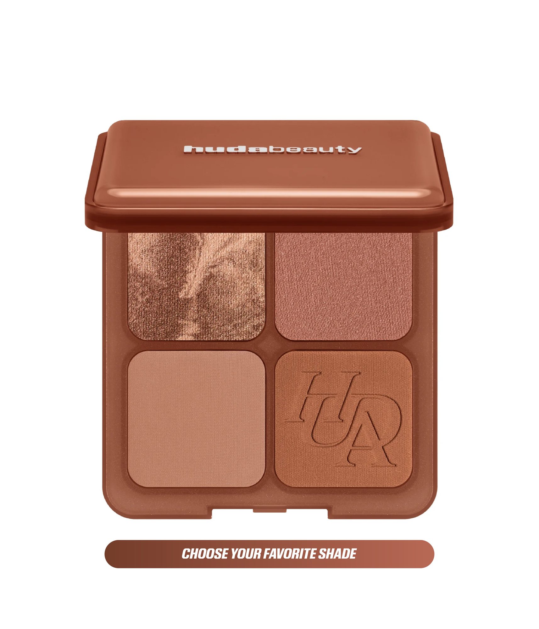 Four-shade eyeshadow palette in warm brown and tan tones with product name visible