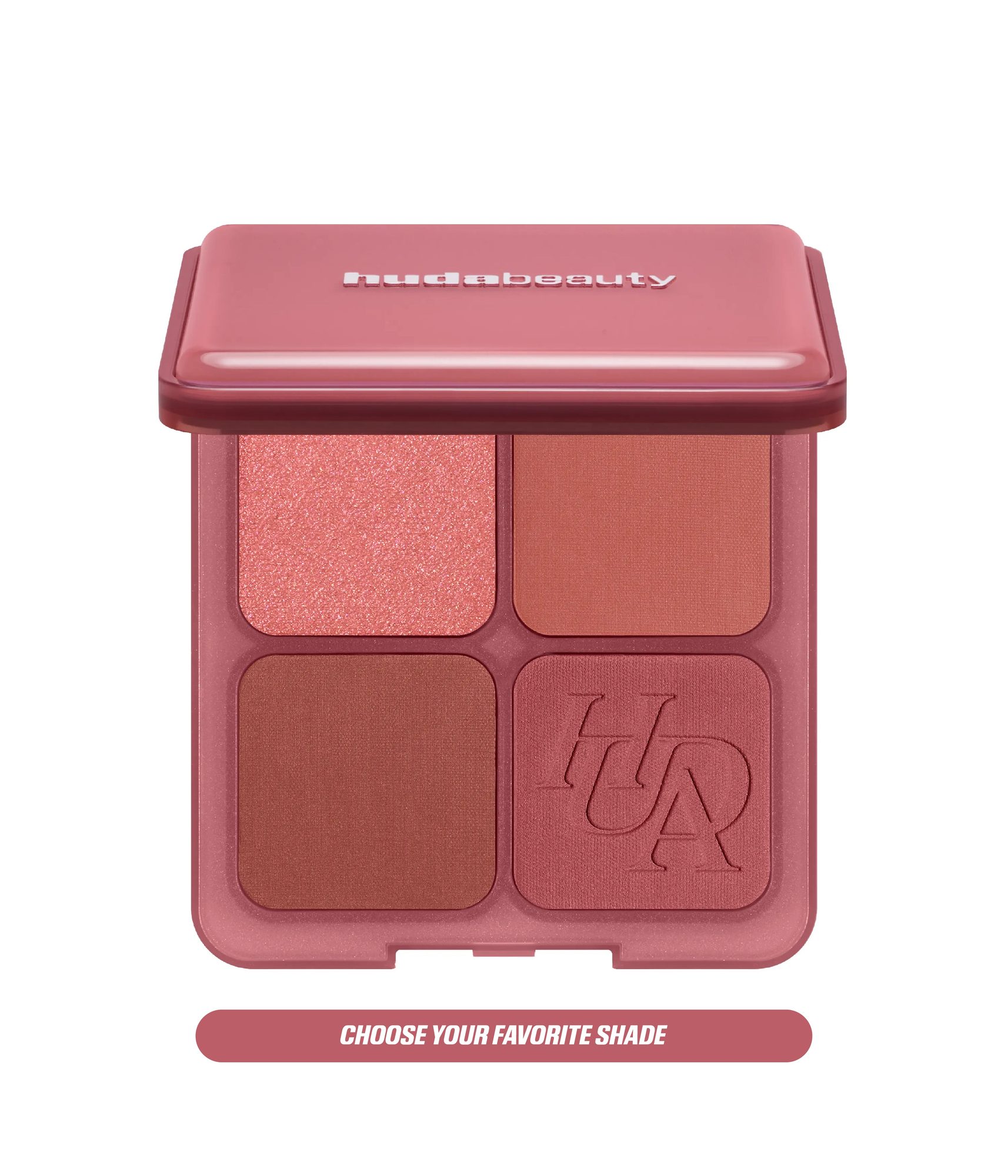Four-shade eyeshadow palette in warm rose and mauve tones with product name visible